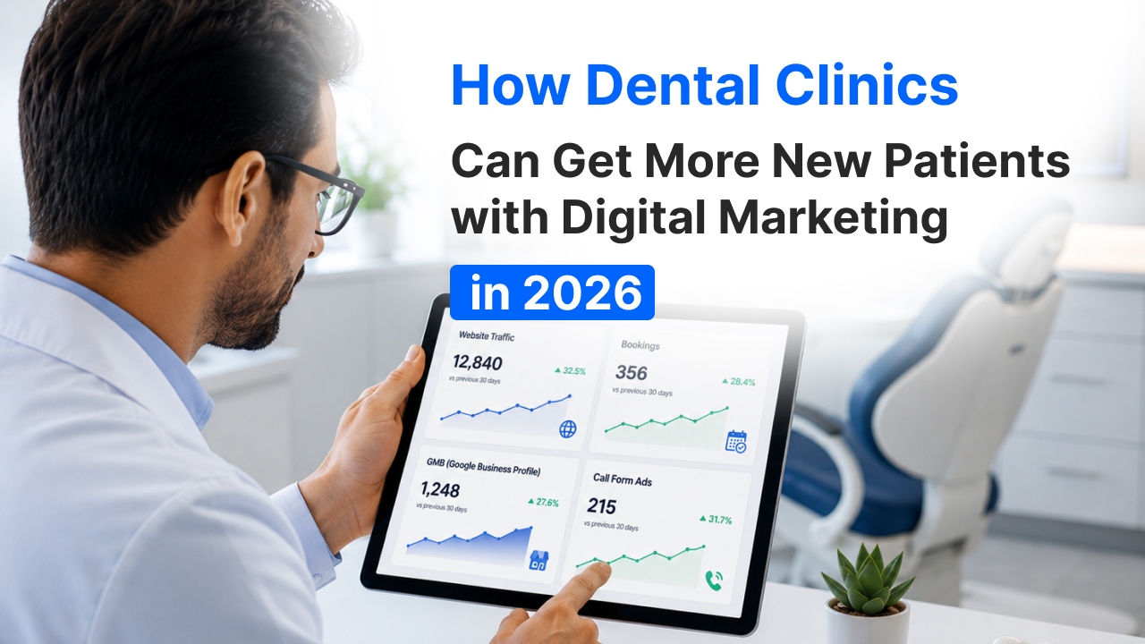 ental clinic owner reviewing digital marketing performance for new patient growth.